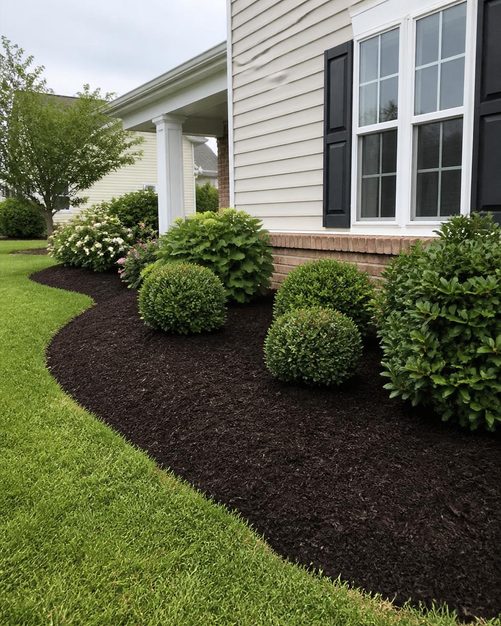 Fresh mulch being spread around a manicured flower bed